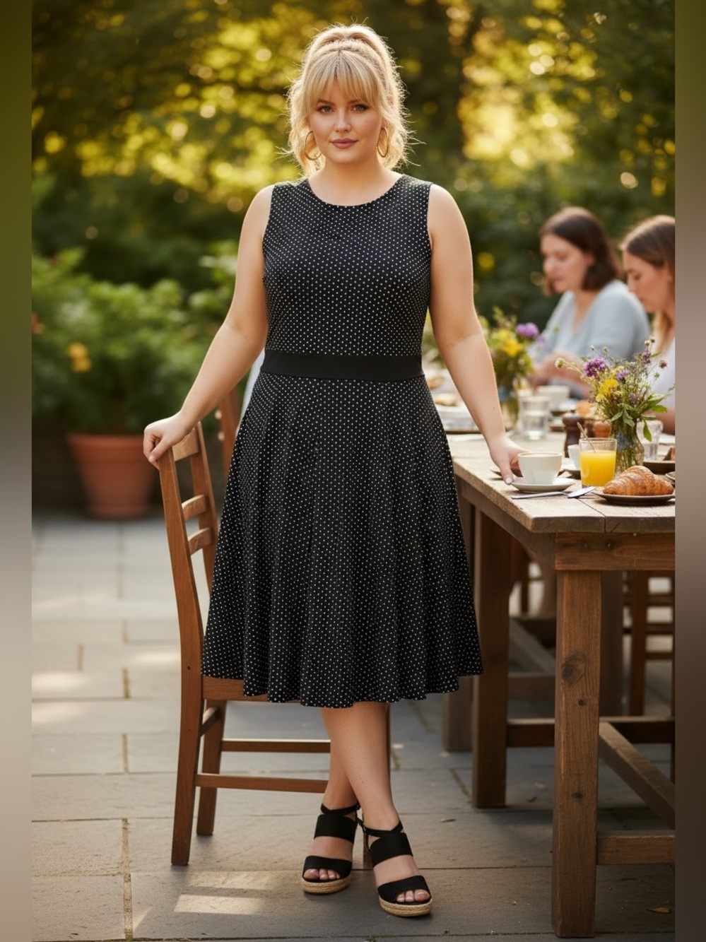 AA Studio 16W retro black polka dot keyhole back tied waist swing skirt dress
